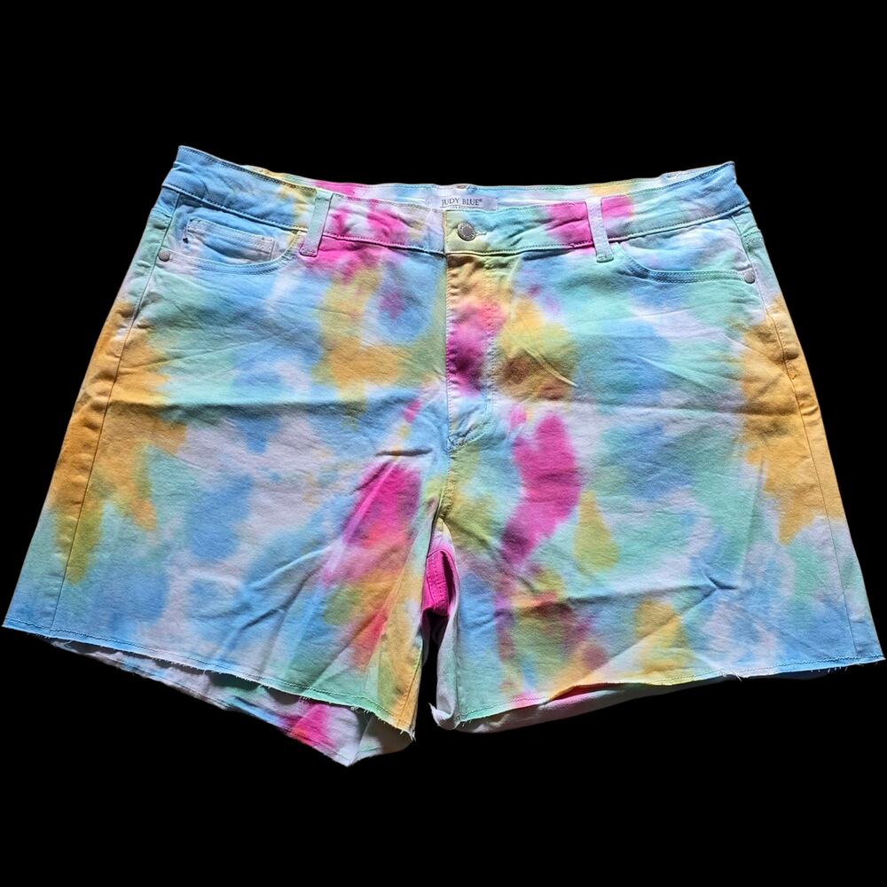 Judy Blue Far Out Tie Dye Jean Shorts Cutoff Frayed Denim, Size 3XL
